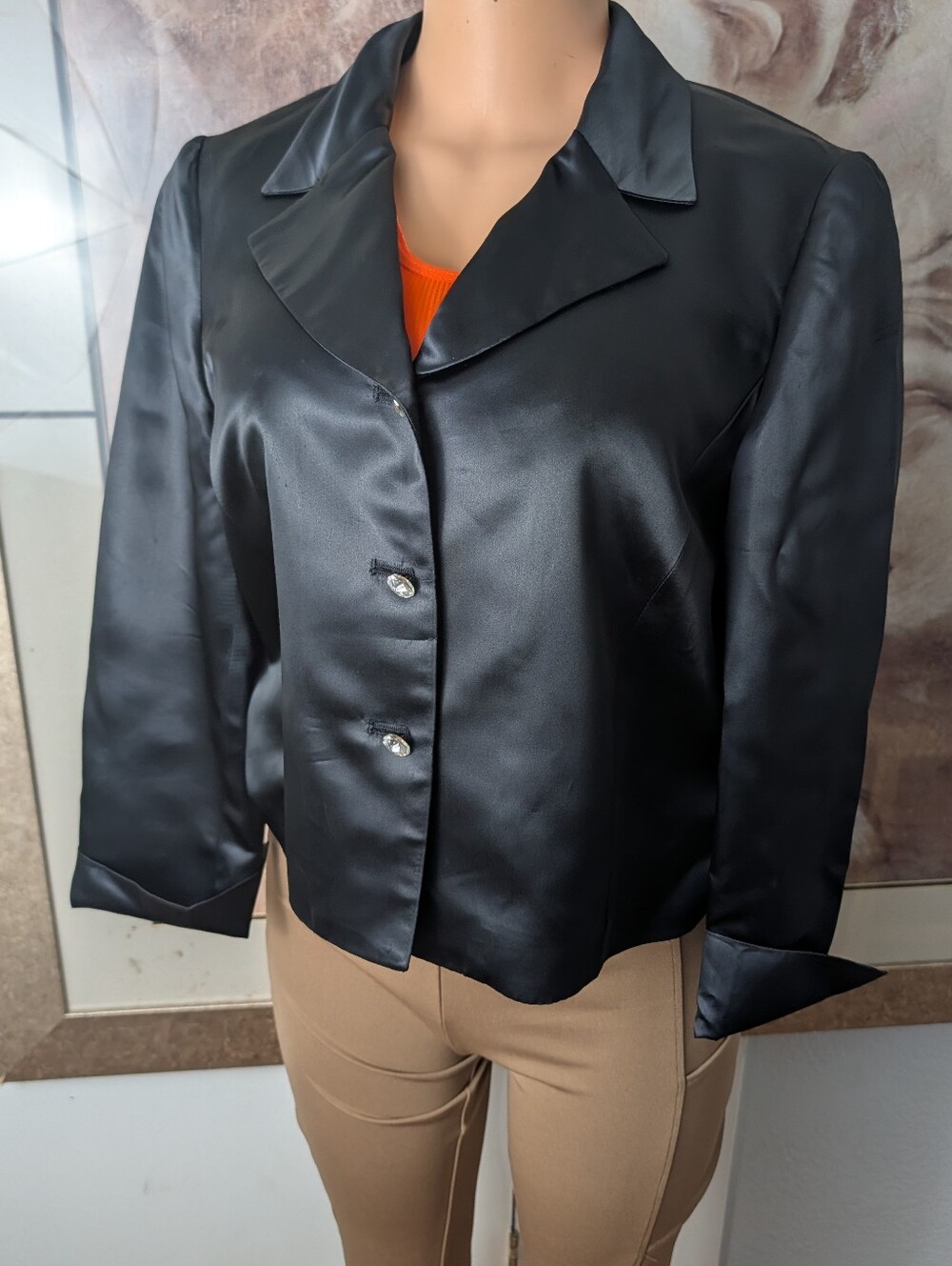 BCBGMAXAZRIA Vintage Black Satin Cropped Blazer Coat with Crystal Details Sz S